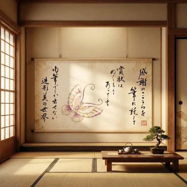 横長の筆文字作品が飾られた和室